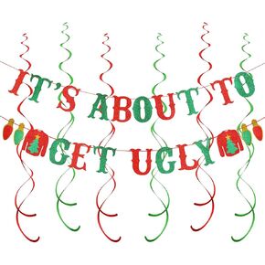 Red and Green Glitter It's About To Get Ugly Banner Ugly Sweater Banner Ugly Christmas Sweater Party Banner for Ugly Christmas Sweater Party Decorations in Saudi Arabia