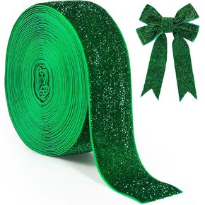 Metallic Velvet Ribbon, 10 Yards 1-1/2 inch Wide Christmas Tree Ribbon, Sparkle Glitter Ribbon for Gift Wrapping, Bows, Wreaths, Xmas Tree Decoration and DIY Crafts (Green)