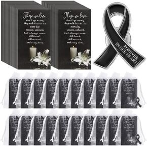 Unittype 60 Set Funeral Ribbon Pins Ribbon Awareness Lapel Pin Remembrance Ribbon Brooch with Prayer Cards Organza Bags