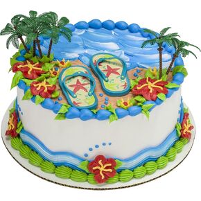 DecoSet® Beach Chair and Umbrella Tropical Beach Cake Decoration, 6 Piece Cake Topper Set, Palm Trees, Deck Chair, Beach Umbrella, Sand Castle and Bucket, Food Safe, in Kuwait
