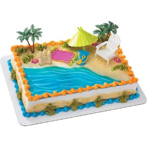 DecoSet® Beach Chair and Umbrella Tropical Beach Cake Decoration, 6 Piece Cake Topper Set, Palm Trees, Deck Chair, Beach Umbrella, Sand Castle and Bucket, Food Safe,