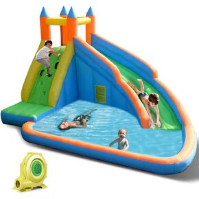 Costzon Inflatable Water Slide, Giant Bouncy Waterslide Park for Kids Backyard Outdoor Fun with Climbing Wall, Splash Pool, Blow up Water Slides Inflatables for Kids and Adults Party Gift
