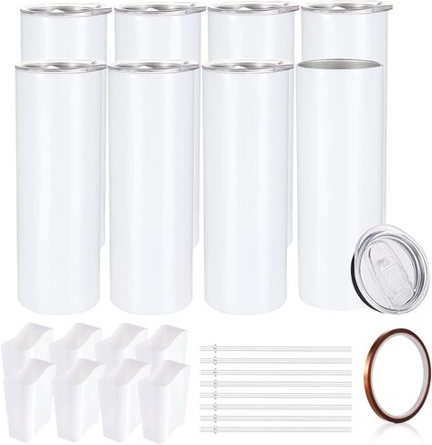 YOUKE OLA Sublimation Skinny Tumbler Straight Blank White 20oz - Sublimation Tumblers for Heat Transfer, Stainless Steel Coffee Cup with Shrink Wrap Sleeve & Straw | Vinyl DIY Gifts, 8 Pack in Saudi Arabia