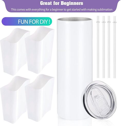 YOUKE OLA Sublimation Skinny Tumbler Straight Blank White 20oz - Sublimation Tumblers for Heat Transfer, Stainless Steel Coffee Cup with Shrink Wrap Sleeve & Straw | Vinyl DIY Gifts, 8 Pack in Saudi Arabia