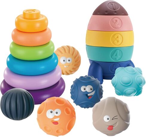 3 قطع من ألعاب الأطفال من عمر 6 إلى 12 شهرًا، ألعاب التسنين الأساسية لحديثي الولادة لمدة 6 12 18 شهرًا هدايا للأولاد والبنات والرضع والأطفال الصغار، مكعبات بناء حلقات تراص وكرات حسية للأطفال من سن 6 إلى 12 شهرًا in Kuwait