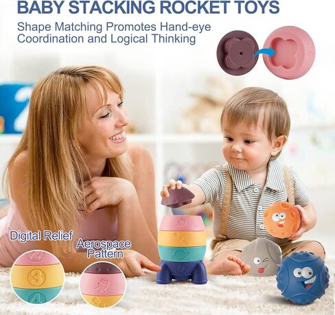 3 قطع من ألعاب الأطفال من عمر 6 إلى 12 شهرًا، ألعاب التسنين الأساسية لحديثي الولادة لمدة 6 12 18 شهرًا هدايا للأولاد والبنات والرضع والأطفال الصغار، مكعبات بناء حلقات تراص وكرات حسية للأطفال من سن 6 إلى 12 شهرًا in Kuwait