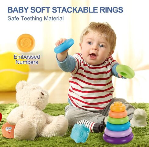 3 قطع من ألعاب الأطفال من عمر 6 إلى 12 شهرًا، ألعاب التسنين الأساسية لحديثي الولادة لمدة 6 12 18 شهرًا هدايا للأولاد والبنات والرضع والأطفال الصغار، مكعبات بناء حلقات تراص وكرات حسية للأطفال من سن 6 إلى 12 شهرًا in Kuwait