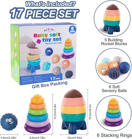 3 قطع من ألعاب الأطفال من عمر 6 إلى 12 شهرًا، ألعاب التسنين الأساسية لحديثي الولادة لمدة 6 12 18 شهرًا هدايا للأولاد والبنات والرضع والأطفال الصغار، مكعبات بناء حلقات تراص وكرات حسية للأطفال من سن 6 إلى 12 شهرًا in Kuwait