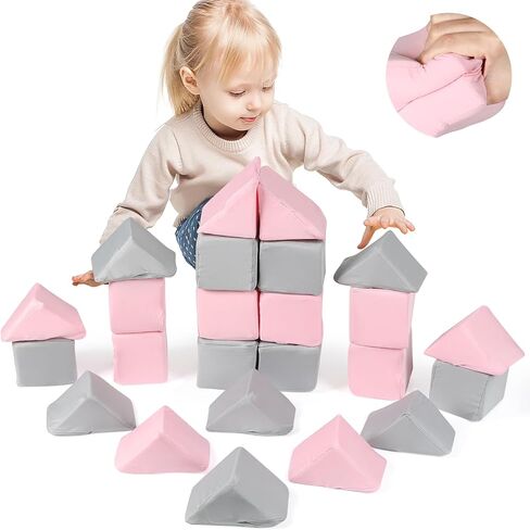 ZMCYER 24 قطعة من مكعبات الإسفنج للأطفال الصغار، مكعبات إسفنجية ناعمة مقاس 9.9 سم ومكعبات مثلثة، مكعبات لعب ناعمة مع غطاء قابل للفصل وقابل للغسل للأطفال الصغار (رمادي ووردي) in Kuwait