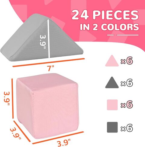 ZMCYER 24 قطعة من مكعبات الإسفنج للأطفال الصغار، مكعبات إسفنجية ناعمة مقاس 9.9 سم ومكعبات مثلثة، مكعبات لعب ناعمة مع غطاء قابل للفصل وقابل للغسل للأطفال الصغار (رمادي ووردي) in Kuwait