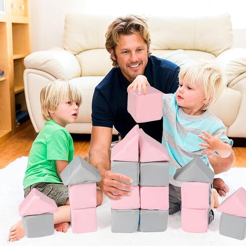 ZMCYER 24 قطعة من مكعبات الإسفنج للأطفال الصغار، مكعبات إسفنجية ناعمة مقاس 9.9 سم ومكعبات مثلثة، مكعبات لعب ناعمة مع غطاء قابل للفصل وقابل للغسل للأطفال الصغار (رمادي ووردي) in Kuwait