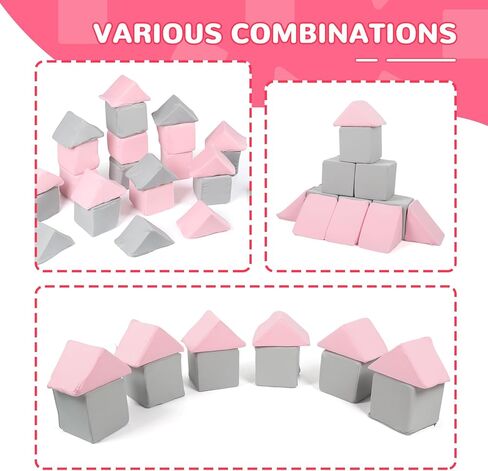 ZMCYER 24 قطعة من مكعبات الإسفنج للأطفال الصغار، مكعبات إسفنجية ناعمة مقاس 9.9 سم ومكعبات مثلثة، مكعبات لعب ناعمة مع غطاء قابل للفصل وقابل للغسل للأطفال الصغار (رمادي ووردي) in Kuwait