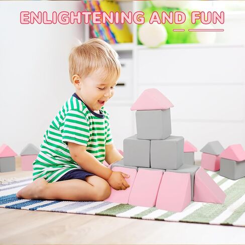 ZMCYER 24 قطعة من مكعبات الإسفنج للأطفال الصغار، مكعبات إسفنجية ناعمة مقاس 9.9 سم ومكعبات مثلثة، مكعبات لعب ناعمة مع غطاء قابل للفصل وقابل للغسل للأطفال الصغار (رمادي ووردي) in Kuwait