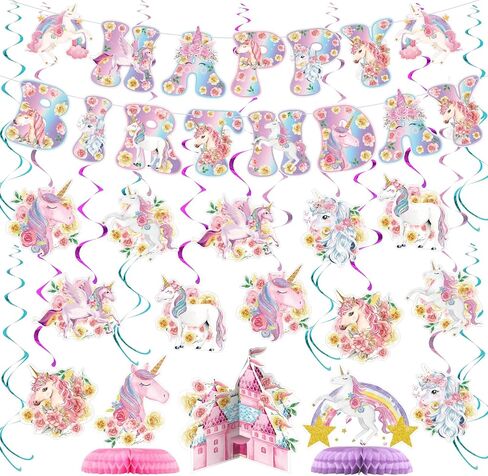 NICOWARM Rainbow Floral Unicorn Decoration Set for Birthday Party, Unicorn Birthday Party Supplies for Girls Includes Floral Cloud Theme Pre-assembled Banner, Hanging Swirl, Honeycomb Centerpiece in Kuwait
