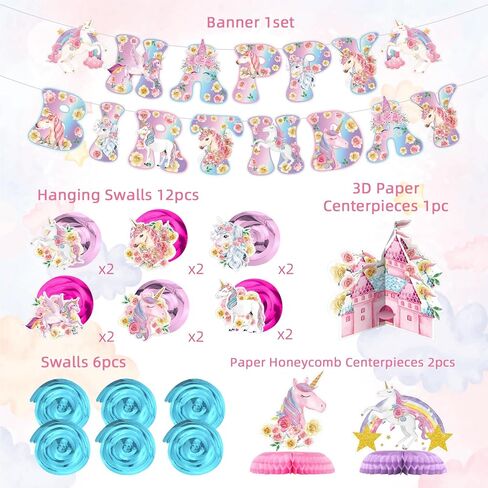 NICOWARM Rainbow Floral Unicorn Decoration Set for Birthday Party, Unicorn Birthday Party Supplies for Girls Includes Floral Cloud Theme Pre-assembled Banner, Hanging Swirl, Honeycomb Centerpiece in Kuwait