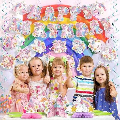 NICOWARM Rainbow Floral Unicorn Decoration Set for Birthday Party, Unicorn Birthday Party Supplies for Girls Includes Floral Cloud Theme Pre-assembled Banner, Hanging Swirl, Honeycomb Centerpiece in Kuwait
