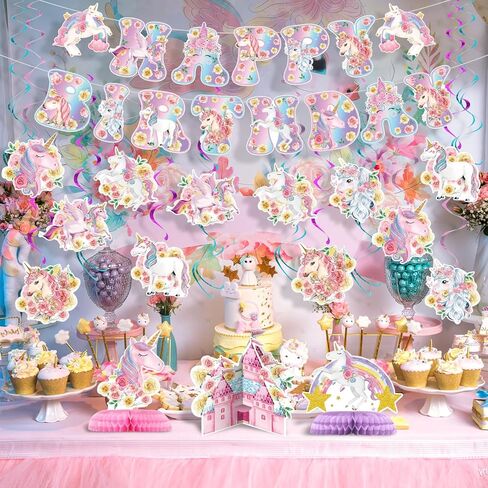 NICOWARM Rainbow Floral Unicorn Decoration Set for Birthday Party, Unicorn Birthday Party Supplies for Girls Includes Floral Cloud Theme Pre-assembled Banner, Hanging Swirl, Honeycomb Centerpiece in Kuwait