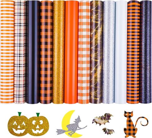 حزمة HTV من الفينيل نقل الحرارة - حديد هالوين لامع على الفينيل والبرتقالي منقوشة بو فينيل، 12 حزمة من 12 بوصة × 10 بوصة HTV الفينيل للهدايا التي شيرت DIY بواسطة Cricut ، خيال كامو أو آلة الضغط الحراري in Kuwait