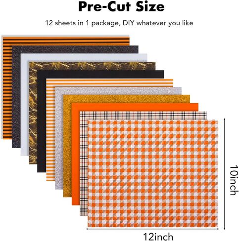 حزمة HTV من الفينيل نقل الحرارة - حديد هالوين لامع على الفينيل والبرتقالي منقوشة بو فينيل، 12 حزمة من 12 بوصة × 10 بوصة HTV الفينيل للهدايا التي شيرت DIY بواسطة Cricut ، خيال كامو أو آلة الضغط الحراري in Kuwait