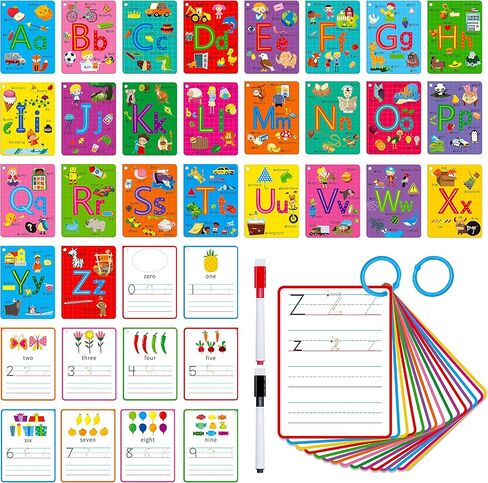 31 PCS Alphabet Flash Cards, Double-Sided Printing Dry Erase Letters Sight Words and Number Learning Cards Letter Tracing Practice Cards for Preschool, Kindergarten (2 Reclosable Rings & 2 Markers) in Saudi Arabia