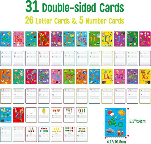 31 PCS Alphabet Flash Cards, Double-Sided Printing Dry Erase Letters Sight Words and Number Learning Cards Letter Tracing Practice Cards for Preschool, Kindergarten (2 Reclosable Rings & 2 Markers) in Saudi Arabia