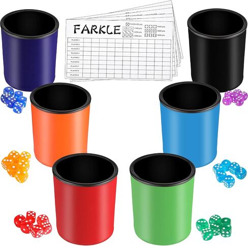 Zhanmai 6 Pcs Dice Cup for Farkle Game PU Leather Cup of Dice Dice Stacking Cup with 36 Colorful Dice 6 Farkle Scorecards Dice Set for Yahtzee Dice Games Family Party Supplies in Saudi Arabia