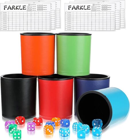 Zhanmai 6 Pcs Dice Cup for Farkle Game PU Leather Cup of Dice Dice Stacking Cup with 36 Colorful Dice 6 Farkle Scorecards Dice Set for Yahtzee Dice Games Family Party Supplies in Saudi Arabia