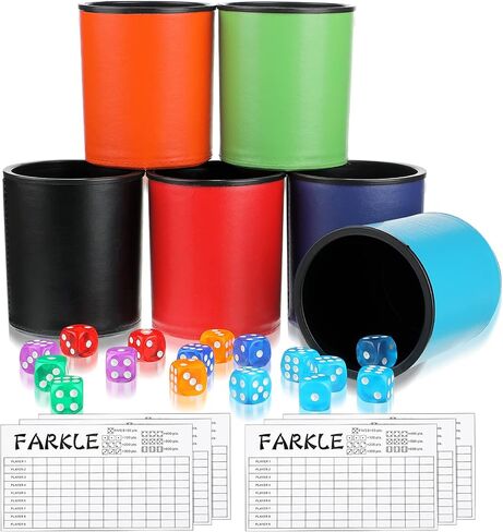 Zhanmai 6 Pcs Dice Cup for Farkle Game PU Leather Cup of Dice Dice Stacking Cup with 36 Colorful Dice 6 Farkle Scorecards Dice Set for Yahtzee Dice Games Family Party Supplies in Saudi Arabia