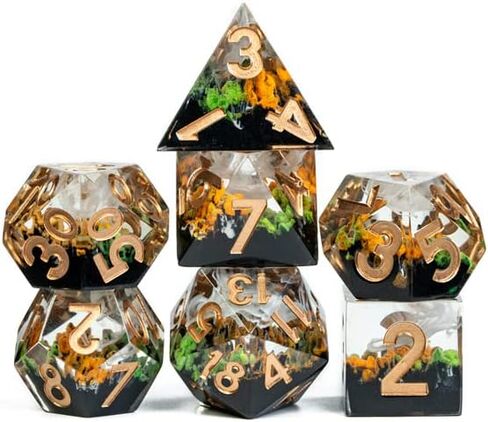 مجموعة النرد DND الحادة المتوهجة في الخريف الداكن مع صندوق النرد الجلدي | للأبراج المحصنة والتنينات، D&D، الحافة الحادة، نرد الراتنج متعدد السطوح D20، هدايا الزنزانات والتنينات، الملحقات in Kuwait