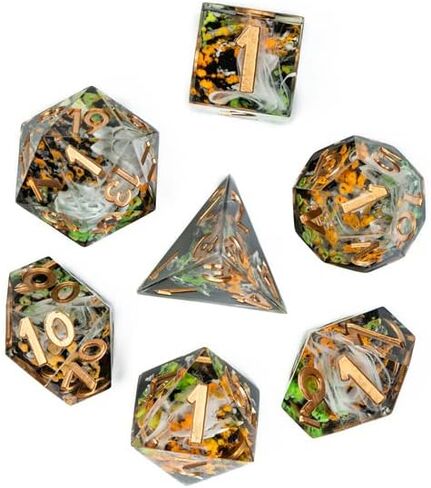 مجموعة النرد DND الحادة المتوهجة في الخريف الداكن مع صندوق النرد الجلدي | للأبراج المحصنة والتنينات، D&D، الحافة الحادة، نرد الراتنج متعدد السطوح D20، هدايا الزنزانات والتنينات، الملحقات in Kuwait