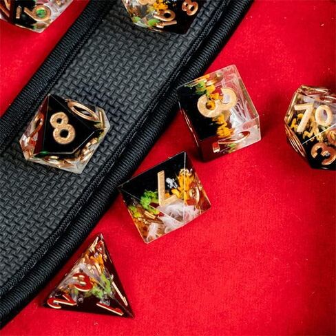 مجموعة النرد DND الحادة المتوهجة في الخريف الداكن مع صندوق النرد الجلدي | للأبراج المحصنة والتنينات، D&D، الحافة الحادة، نرد الراتنج متعدد السطوح D20، هدايا الزنزانات والتنينات، الملحقات in Kuwait