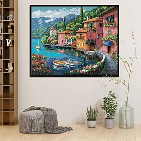 جوي سنداي مجموعة خياطة متقاطعة 11 قيراط مختومة مجموعة كاملة من التطريز للمبتدئين بنمط مطبوع مسبقًا - منزل ملون باي ذا ووتر in Kuwait