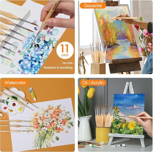 اس ان ان جيه دي اف مجموعة فرش طلاء دقيقة - 11 فرشاة مصغرة للرسم الفني وصنع النماذج - اكريليك، الوان مائية، زيت، وورهامر 40 قيراط in Kuwait