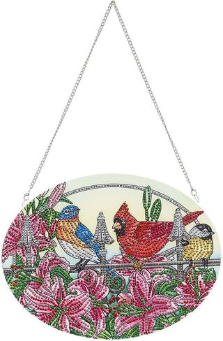 مجموعة لوحات ماسية خماسية الابعاد بتصميم طائر كاردينال من ليني، لافتة معلقة على الحائط بشكل خاص وزهور كريستالية وطيور وطيور، دلايات نافذة للمنزل والحديقة والابواب، شفافة in Kuwait