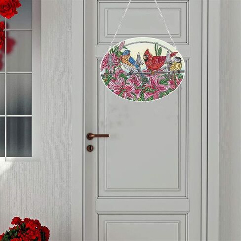 مجموعة لوحات ماسية خماسية الابعاد بتصميم طائر كاردينال من ليني، لافتة معلقة على الحائط بشكل خاص وزهور كريستالية وطيور وطيور، دلايات نافذة للمنزل والحديقة والابواب، شفافة in Kuwait