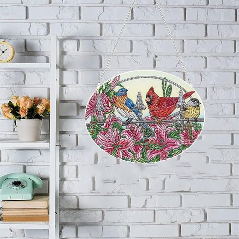 مجموعة لوحات ماسية خماسية الابعاد بتصميم طائر كاردينال من ليني، لافتة معلقة على الحائط بشكل خاص وزهور كريستالية وطيور وطيور، دلايات نافذة للمنزل والحديقة والابواب، شفافة in Kuwait