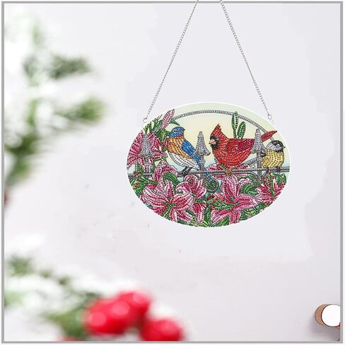 مجموعة لوحات ماسية خماسية الابعاد بتصميم طائر كاردينال من ليني، لافتة معلقة على الحائط بشكل خاص وزهور كريستالية وطيور وطيور، دلايات نافذة للمنزل والحديقة والابواب، شفافة in Kuwait