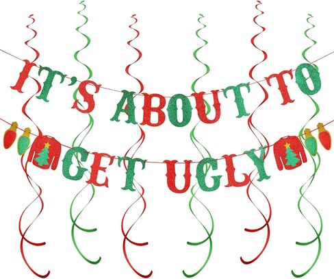 Red and Green Glitter It's About To Get Ugly Banner Ugly Sweater Banner Ugly Christmas Sweater Party Banner for Ugly Christmas Sweater Party Decorations in Saudi Arabia