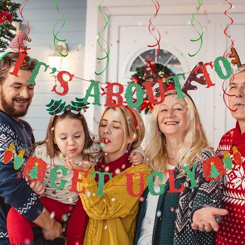 Red and Green Glitter It's About To Get Ugly Banner Ugly Sweater Banner Ugly Christmas Sweater Party Banner for Ugly Christmas Sweater Party Decorations in Saudi Arabia