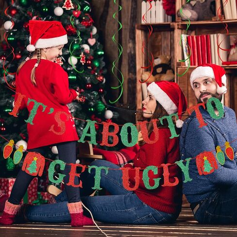 Red and Green Glitter It's About To Get Ugly Banner Ugly Sweater Banner Ugly Christmas Sweater Party Banner for Ugly Christmas Sweater Party Decorations in Saudi Arabia