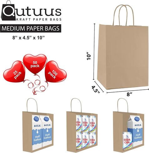 Qutuus 10x5x13 Kraft Paper Bags 100 Pcs Kraft Shopping Bags, Paper Gift Bags for Retail, Merchandise, Recycled Bulk Paper Sacks, Brown Paper Bags with Handles Bulk in Kuwait