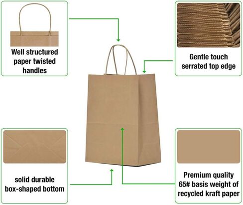 Qutuus 10x5x13 Kraft Paper Bags 100 Pcs Kraft Shopping Bags, Paper Gift Bags for Retail, Merchandise, Recycled Bulk Paper Sacks, Brown Paper Bags with Handles Bulk in Kuwait