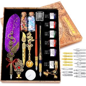 Aifeiter Feather Pen Ink Set, Wax Seal Stamp, Feather Calligraphy Pen, Birthday & (Purple)