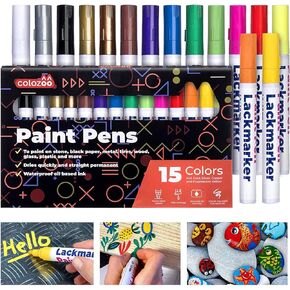 Colozoo | 15 Permanent markers assorted colors | Oil paint pens | Oil based indelible ink | Perfect for rock, glass, ceramic and plastic painting | Oil based paint pen