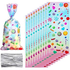 Outus 100 Pieces Cellophane Treat Bags Candy Bags Cand Lollipop Pattern Cello Bags with 150 Pieces Silvery Twist Ties for Chocolate Candy Snacks Cookies Birthday Party Favors, 11 x 5 Inches in Kuwait