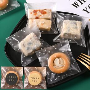 Self Adhesive Cookie Bags, White Polka Dot Self Sealing Cellophane Bags with Thank You Labels, 100 Pcs Clear Candy Cookie Gift Bag for Packing Biscuits, Chocolate, Snack, Wedding, Party(0095) in Kuwait