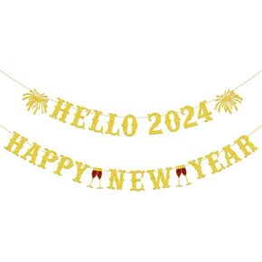 Gifloon Gold Glitter Hello 2024 Happy New Year Banner, Large New Year Banner for Happy New Year Decorations 2024, New Year Eve Banner Party Supplies 2024 in Kuwait