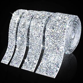 4 Rolls Crystal Rhinestone Ribbon - Self Adhesive Bling Ribbon Diamond Ribbon Rhinestone Tape, Diamond Ribbon Bling Wrap for Craft, Clothes, Bottle, Cake, Phone, Birthday, Wedding Decor (AB Sliver)