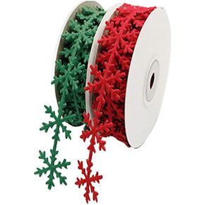 2 Rolls Felts Snowflake Trim Ribbon Christmas Applique Decals for Xmas Decorative Craft Red Green