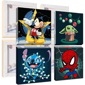 UMOART Framed Paint by Numbers for Kids - 4Pack Cartoon Paint by Numbers for Kids Ages 4-8-12, Yoda Paint by Number Kits on Canvas, DIY Stitch Oil Painting Acrylic Kits for Home Decor 8x8in in Kuwait
